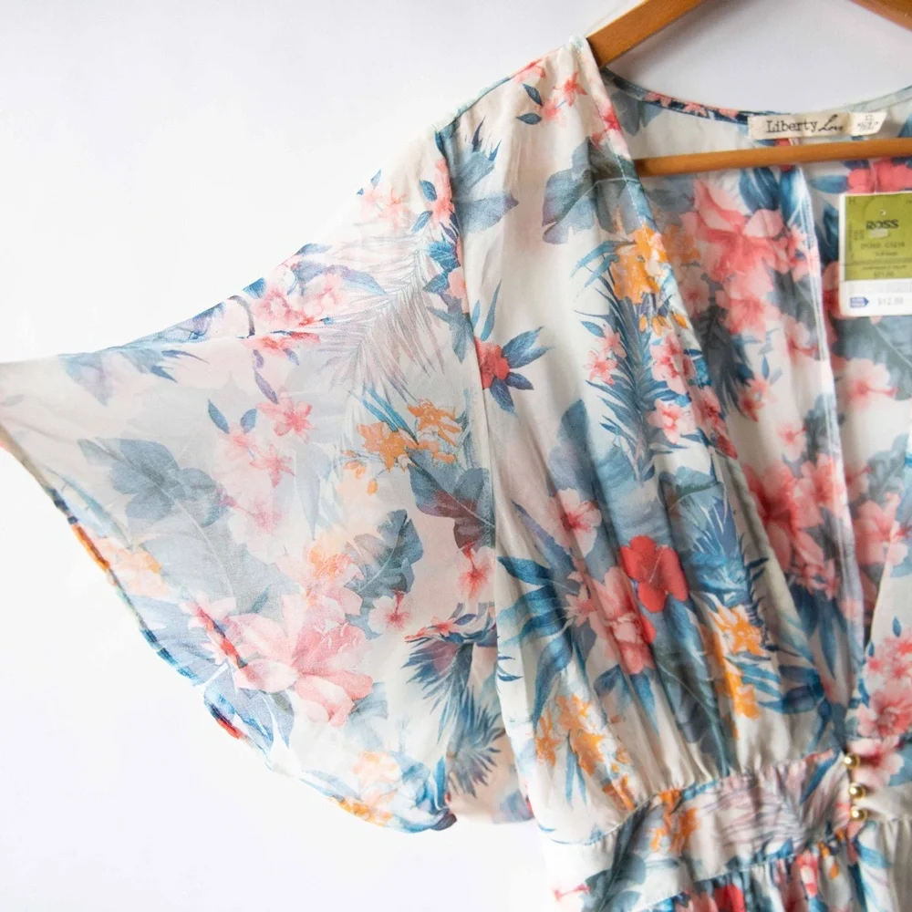 Liberty Love Coverup Kimono Sheer High Low Ruffle Tropical